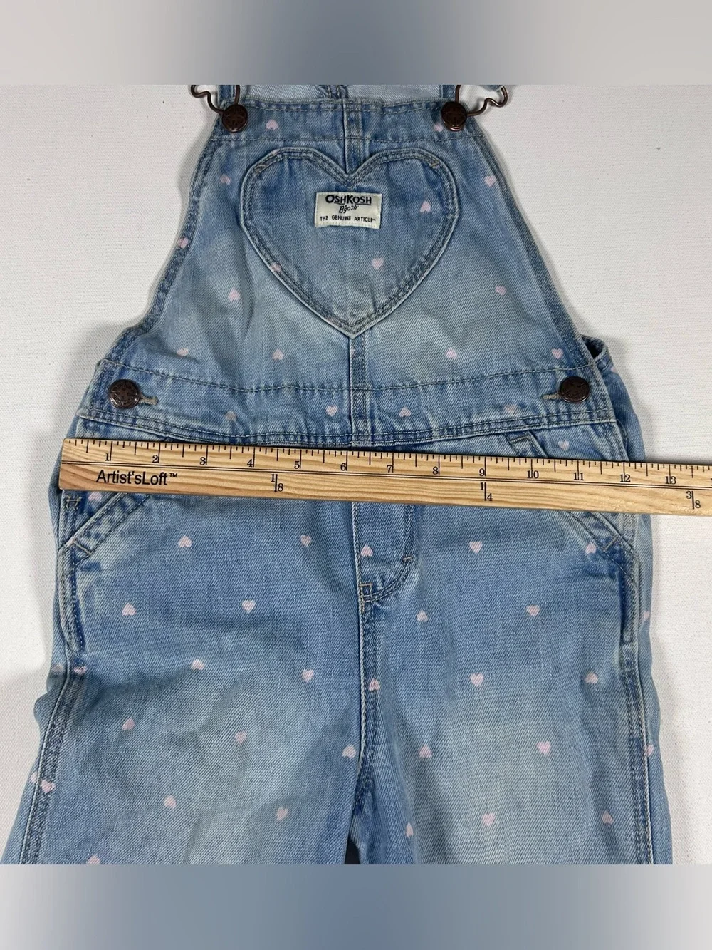 OshKosh B'gosh Denim Overalls Girls 5T Light Blue Pink Heart Print Cotton Snaps